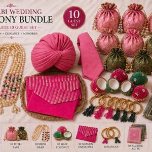 May include: A Punjabi wedding ceremony bundle featuring a pink turban, tie, potli bags, and envelopes. The set includes gold jewelry, decorative pouches, and other accessories. The text reads "Punjabi Wedding Ceremony Bundle" and "Complete 10 Guest Set."