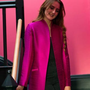 Women Raw Silk Long Coat, Handmade Magenta Tailcoat, Made to Order Silk Jacket, Victorian Frock Coat, Statement Evening Coat