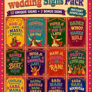 May include: A pack of 14 wedding signs with colorful illustrations and text in English and Punjabi. The signs feature various phrases and characters, perfect for a wedding celebration. The signs are designed with a vibrant, eye-catching aesthetic.