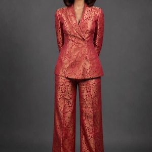 Red Brocade Pant Suit for Women | Wedding Guest Outfit | Designer Blazer Set | Reception & Party Wear