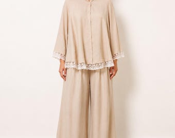 Conjunto coordinado beige para mujer, conjunto de lino, camisa extragrande y pantalones de pierna ancha, hecho a medida, conjunto de ropa de playa, atuendo casual chic.