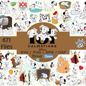 May include: A collection of 101 Dalmatians-themed digital files. The image features various illustrations of the Disney characters, including puppies, the number 101, and the text "101 Dalmatians Street". The image also includes the text "671 Files".