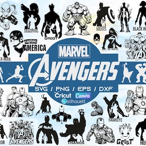 Op de afbeelding: Een verzameling Marvel Avengers-personageontwerpen in SVG-, PNG-, EPS- en DXF-formaten. De afbeelding bevat personages als Spider-Man, Deadpool, Captain America, Hulk, Black Widow en Groot. Het woord "AVENGERS" is prominent aanwezig.