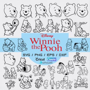 Puede incluir: Ilustraciones en blanco y negro de Winnie the Pooh y sus amigos. La imagen incluye varias poses de Pooh, Piglet, Eeyore y Tigger. El texto incluye "Disney Winnie the Pooh" y opciones de tipo de archivo.