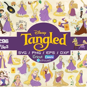 May include: A digital art collection featuring characters and elements from Disney's Tangled. The image showcases various illustrations of Rapunzel in a purple dress, along with other characters and objects. The text includes "296 Files" and file type information.