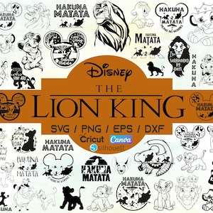 Puede incluir: Una colección de diseños digitales en blanco y negro con el tema de El Rey León. Los diseños incluyen a Simba, Timón, Pumba y la frase "Hakuna Matata". La imagen también incluye el texto "Disney The Lion King" e información sobre el tipo de archivo.