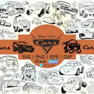 Puede incluir: Ilustraciones en blanco y negro de varios vehículos de la franquicia Cars de Disney Pixar. La imagen incluye a Rayo McQueen, Mate y otros personajes, junto con el logotipo de Cars y el texto: SVG, PNG, EPS, DXF, Cricut, Canva y Silhouette.