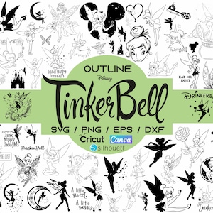 May include: A collection of black and white Tinker Bell-themed digital designs. The image includes various illustrations of Tinker Bell in different poses, along with text that reads "Tinker Bell" and file type information. The designs are suitable for crafting projects.