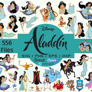 Puede incluir: Una colección de arte digital con varias ilustraciones de personajes y escenas de Aladdin de Disney. La imagen incluye el texto "Disney Aladdin" y "556 archivos" con información de tipo de archivo para Cricut y Canva.