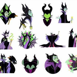 Puede incluir: Una colecci&oacute;n de ilustraciones de dibujos animados que presentan un personaje con cuernos negros, una capa negra y morada y piel verde. Algunas im&aacute;genes incluyen un cuervo, un drag&oacute;n y un bast&oacute;n m&aacute;gico. Sobre un fondo blanco.