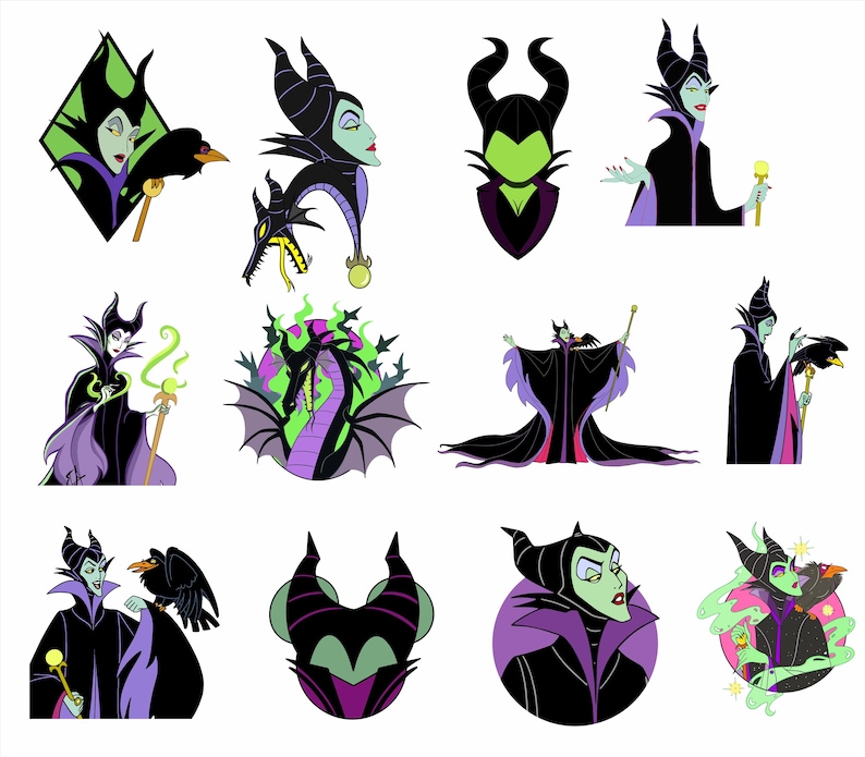 Puede incluir: Una colecci&oacute;n de ilustraciones de dibujos animados que presentan un personaje con cuernos negros, una capa negra y morada y piel verde. Algunas im&aacute;genes incluyen un cuervo, un drag&oacute;n y un bast&oacute;n m&aacute;gico. Sobre un fondo blanco.