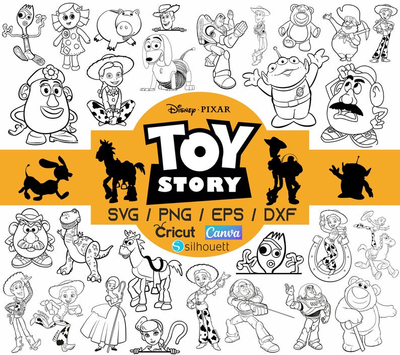 K&ouml;nnte beinhalten: Schwarz-Wei&szlig;-Zeichnungen verschiedener Charaktere aus dem Disney Pixar Film Toy Story. Das Bild zeigt Woody, Buzz Lightyear, Jessie und weitere Figuren. Der Schriftzug "Toy Story" ist gro&szlig; und fett dargestellt.