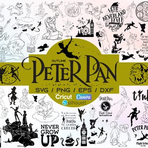 Może przedstawiać: Kolekcja cyfrowych projektów o tematyce Piotrusia Pana w formatach SVG, PNG, EPS i DXF. Obraz zawiera różne ilustracje Piotrusia Pana, Dzwoneczka i innych postaci, a także elementy tekstowe, takie jak "Never Grow Up" i "Neverland".