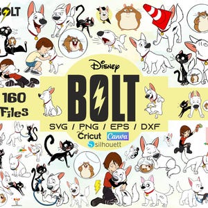 May include: A collection of digital files featuring Disney's Bolt characters. The image includes illustrations of Bolt, Mittens, Rhino, and Penny. The text "BOLT" and "160 Files" are also present, along with file type information.