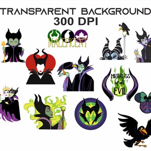 Puede incluir: Una colecci&oacute;n de ilustraciones de dibujos animados con Mal&eacute;fica, una villana de Disney. Las im&aacute;genes incluyen varias poses de Mal&eacute;fica, un cuervo y texto que dice "Mal&eacute;fica" y "Se&ntilde;ora de todo el mal". El fondo es transparente.