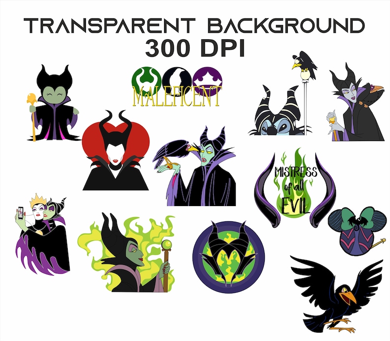 Puede incluir: Una colecci&oacute;n de ilustraciones de dibujos animados con Mal&eacute;fica, una villana de Disney. Las im&aacute;genes incluyen varias poses de Mal&eacute;fica, un cuervo y texto que dice "Mal&eacute;fica" y "Se&ntilde;ora de todo el mal". El fondo es transparente.