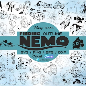 Può includere: Disegni al tratto in bianco e nero di vari personaggi del film "Alla ricerca di Nemo", tra cui Nemo e Dory. L'immagine include il testo "Finding Outline Nemo" e le opzioni di tipo di file.