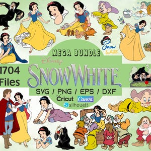 May include: A digital art mega bundle featuring various illustrations of Snow White and related characters. The image includes the text "MEGA BUNDLE" and "1704 Files", along with the Disney Snow White logo and file type information.