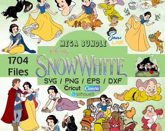 Clipart blanche neige, princesse PNG, sept nains, conte de fées, cerf, cottage, oiseaux, dessinés à la main, mignons paillettes art pour enfants, POD, tissu