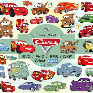 Peut inclure: Illustrations de voitures de dessins animés colorées du film Disney Pixar, Cars. L'image comprend Flash McQueen, Martin et d'autres véhicules de différentes couleurs et designs. Le texte comprend "Cars", "SVG / PNG / EPS / DXF", et "Cricut Canva silhouette".