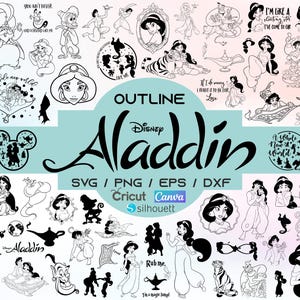 May include: Black and white outline illustrations of characters and elements from Disney's Aladdin. Includes Jasmine, Aladdin, Genie, and other iconic imagery. Text includes "Aladdin", "SVG / PNG / EPS / DXF", and quotes.