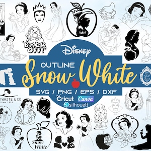 Könnte beinhalten: Eine Sammlung digitaler Schneidedateien zum Thema Schneewittchen. Das Bild zeigt verschiedene Illustrationen von Schneewittchen, der bösen Königin und den sieben Zwergen. Der Text enthält "Disney Outline Snow White" und Dateityp-Informationen.