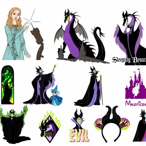 Puede incluir: Una colecci&oacute;n de ilustraciones de dibujos animados con personajes y elementos de la pel&iacute;cula animada "La Bella Durmiente". Incluye im&aacute;genes de Mal&eacute;fica, un drag&oacute;n, un castillo y Aurora.
