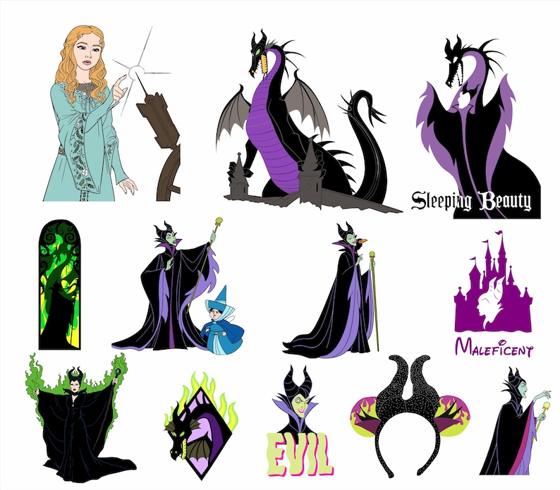 Puede incluir: Una colecci&oacute;n de ilustraciones de dibujos animados con personajes y elementos de la pel&iacute;cula animada "La Bella Durmiente". Incluye im&aacute;genes de Mal&eacute;fica, un drag&oacute;n, un castillo y Aurora.