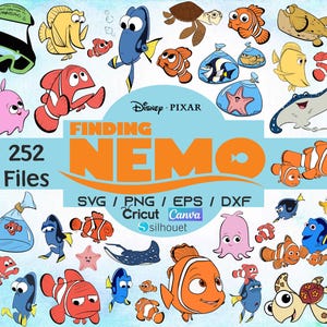 Può includere: Una collezione di colorati pesci dei cartoni animati e creature marine del film Disney Pixar "Alla ricerca di Nemo". L'immagine include personaggi come Nemo, Dory e Crush, con il titolo del film in evidenza. L'immagine include anche il testo "252 Files" e informazioni sul tipo di file.