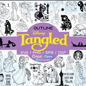 May include: A selection of black and white outline illustrations of characters and scenes from Disney's Tangled. Includes Rapunzel, Flynn Rider, and the text "Tangled hair don't care."