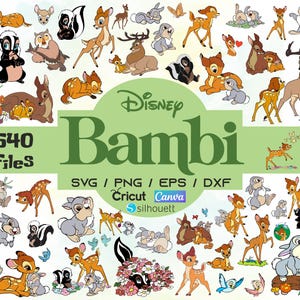 Puede incluir: Una colección de archivos digitales con temática de Bambi, con ilustraciones de Bambi, Tambor, Flor y otros personajes. La imagen incluye el texto "Disney Bambi" e información sobre tipos de archivos: SVG, PNG, EPS y DXF. La imagen también incluye el texto "540 archivos".