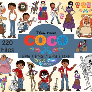 May include: A collection of digital files themed around Disney Pixar's Coco. The image showcases illustrations of characters like Miguel, guitarists, and skeleton figures. The word "Coco" is presented in vibrant colours. The image also includes the text "220 Files" and file type options.