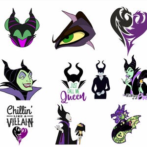Puede incluir: Una colecci&oacute;n de ilustraciones de dibujos animados con tem&aacute;tica de villanos. Las im&aacute;genes incluyen un ojo estilizado, un dise&ntilde;o en forma de coraz&oacute;n y retratos de un personaje con cuernos. El texto incluye "Just Call Me Queen" y "Chillin' Like a Villain".