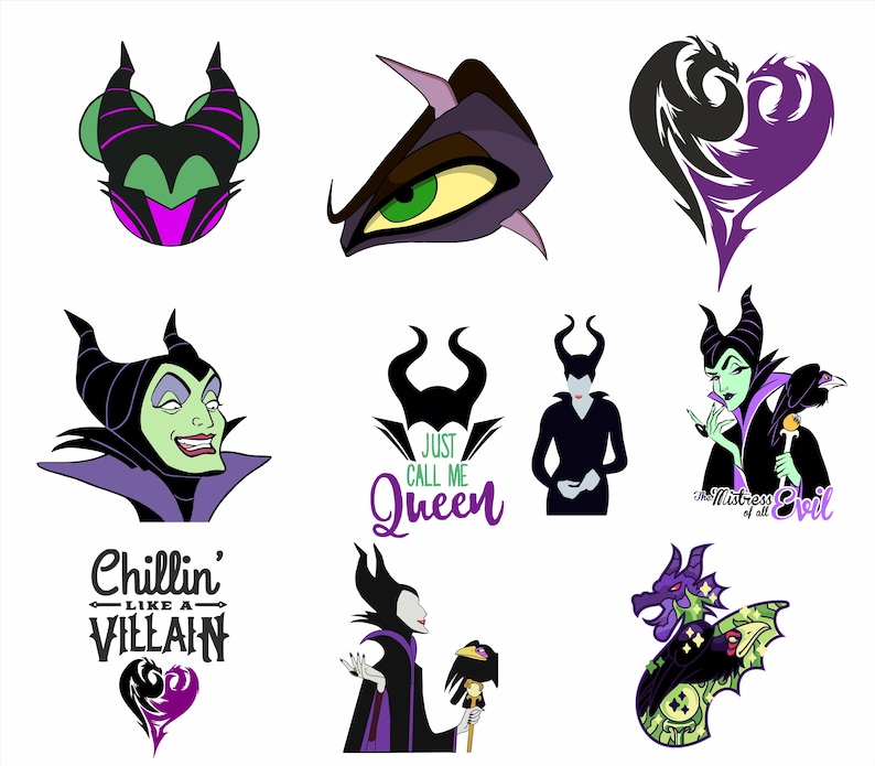 Puede incluir: Una colecci&oacute;n de ilustraciones de dibujos animados con tem&aacute;tica de villanos. Las im&aacute;genes incluyen un ojo estilizado, un dise&ntilde;o en forma de coraz&oacute;n y retratos de un personaje con cuernos. El texto incluye "Just Call Me Queen" y "Chillin' Like a Villain".
