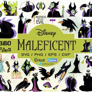 Puede incluir: Una colecci&oacute;n de archivos de arte digital con Mal&eacute;fica de La Bella Durmiente de Disney. Las im&aacute;genes incluyen varias ilustraciones de Mal&eacute;fica, un cuervo y texto que dice "Mistress of All Evil" y "Mal&eacute;fica". Los archivos son compatibles con Cricut, Canva y Silhouette.