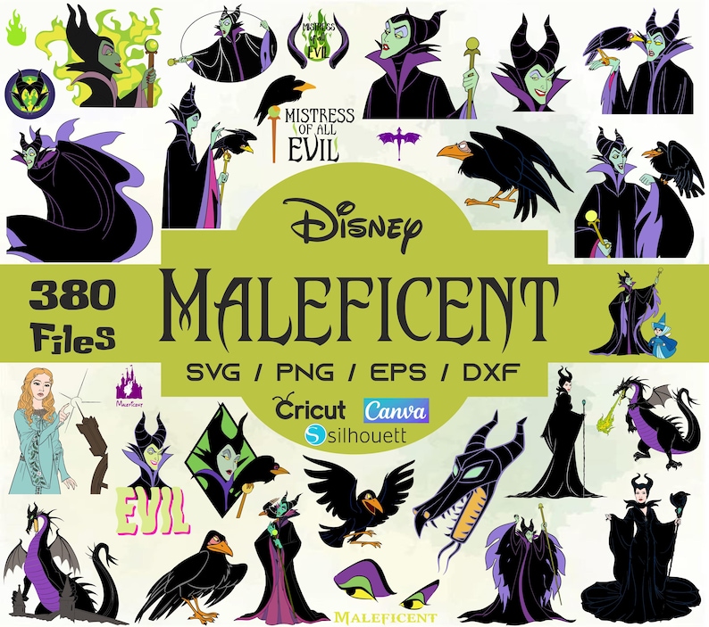Puede incluir: Una colecci&oacute;n de archivos de arte digital con Mal&eacute;fica de La Bella Durmiente de Disney. Las im&aacute;genes incluyen varias ilustraciones de Mal&eacute;fica, un cuervo y texto que dice "Mistress of All Evil" y "Mal&eacute;fica". Los archivos son compatibles con Cricut, Canva y Silhouette.