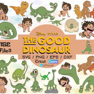 May include: A selection of cartoon illustrations from the Disney Pixar film "The Good Dinosaur." The image showcases various dinosaurs and a young boy, with the film's title prominently displayed. The image also includes text indicating the availability of the designs in SVG, PNG, EPS, and DXF formats.
