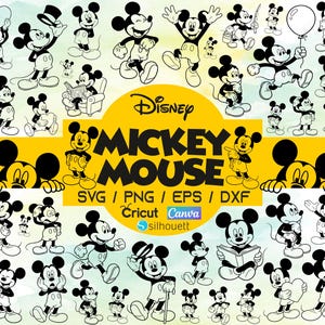 Può includere: Una collezione di illustrazioni in bianco e nero di Topolino in varie pose. L'immagine include il logo Disney e il testo che indica i formati di file: SVG, PNG, EPS e DXF. Sono inclusi anche i loghi di Cricut, Canva e Silhouette.