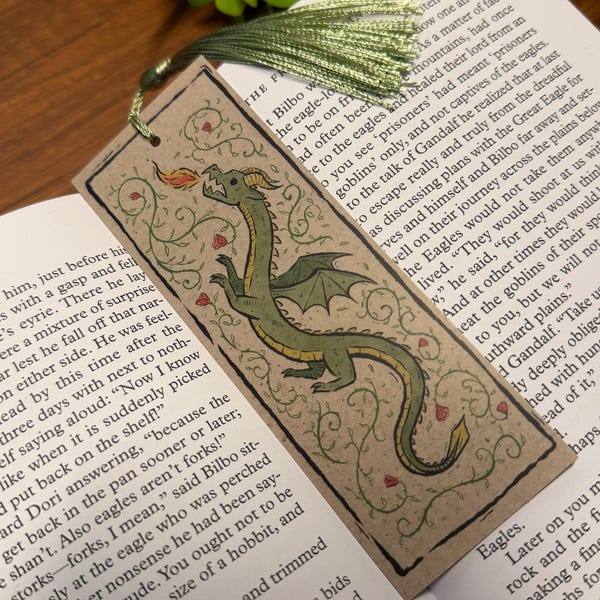 Green Dragon Bookmark | Fantasy Art Book Lover Gift | Green Tassel | Whimsical Reader Book Accessory