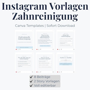 Może przedstawiać: Reklama szablonów Instagrama o czyszczeniu zębów. Obraz przedstawia makiety postów na Instagramie z tekstem w języku niemieckim, w tym "Professionelle Zahnreinigung" i "Mythos vs. Realität". Szablony są dla Canva.