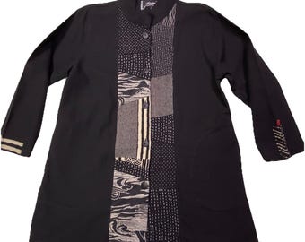 Lagenlook Boho Artsy Button Up Tunika Blose Top High Neck Wearable Art S/M