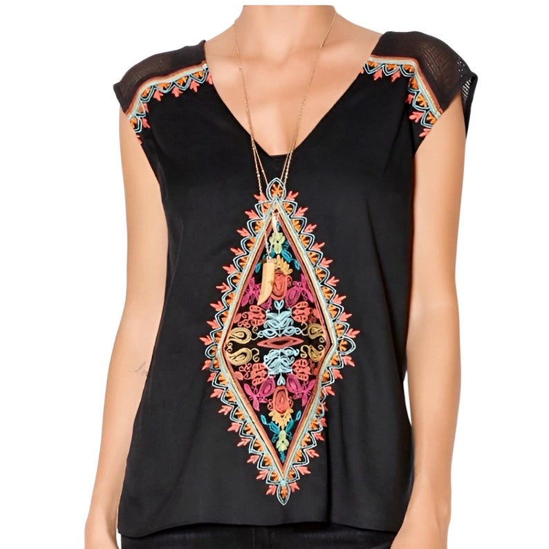 Anthropologie Plenty by Tracy Reese Schwarzes besticktes Boho ärmelloses Top groß Bild 1