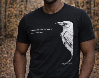 Albino Crow Illustration tee | Hand-Sketched Raven Side Art, Minimal Back Script