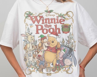 Comfort Colors Retro Disney Winnie The Pooh Christmas Group Shirt, Pooh And Friends Santa Xmas Tree, Pooh Tigger Eeyore Xmas Lights Tee
