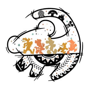 May include: A black and white graphic featuring Disney characters in silhouette. The design includes Mickey Mouse, Minnie Mouse, Goofy, and Donald Duck, with iconic park landmarks. The characters are in shades of gold and orange.