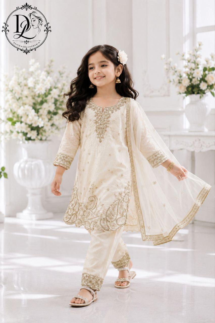 Girls Cream Silk Embroidered Salwar Kameez Set, Festive Indian Outfit