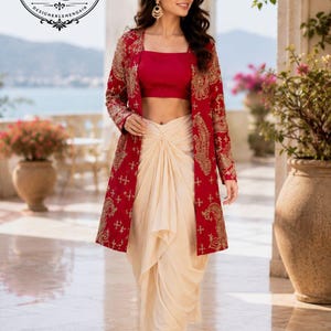 Red Embroidered Jacket Cream Drape Skirt Outfit, Crop Top Jacket Suit