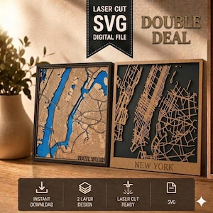 Könnte beinhalten: Zwei lasergeschnittene Wandbilder aus Holz mit Karten von New York City. Eine Karte zeigt einen blauen Fluss, die andere einen dunklen Hintergrund. Der Text "NEW YORK" befindet sich am unteren Rand jeder Karte. Das Bild enthält auch den Text "LASER CUT SVG DIGITAL FILE" und "DOUBLE DEAL".