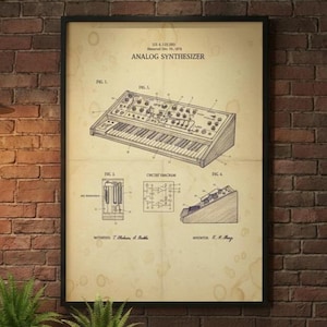 Impresión de patente de sintetizador analógico: esquema Moog, arte musical vintage