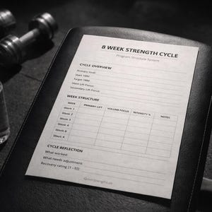 Könnte beinhalten: Schwarz-Weiß-Bild einer Trainingsbank mit einem gedruckten 8-Wochen-Kraftzyklus-Programm. Eine klare Wasserflasche und zwei Hanteln sind ebenfalls zu sehen. Das Programm umfasst Abschnitte für Zyklusübersicht, Wochenstruktur und Zyklusreflexion.
